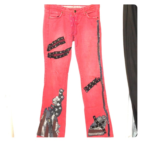 stars & stripes red patchwork flared vintage skinny jeans - Picture 3 of 8